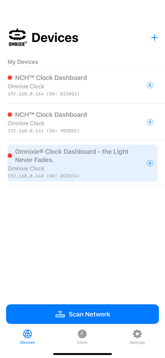 Omnixie Companion device list showing live clock status