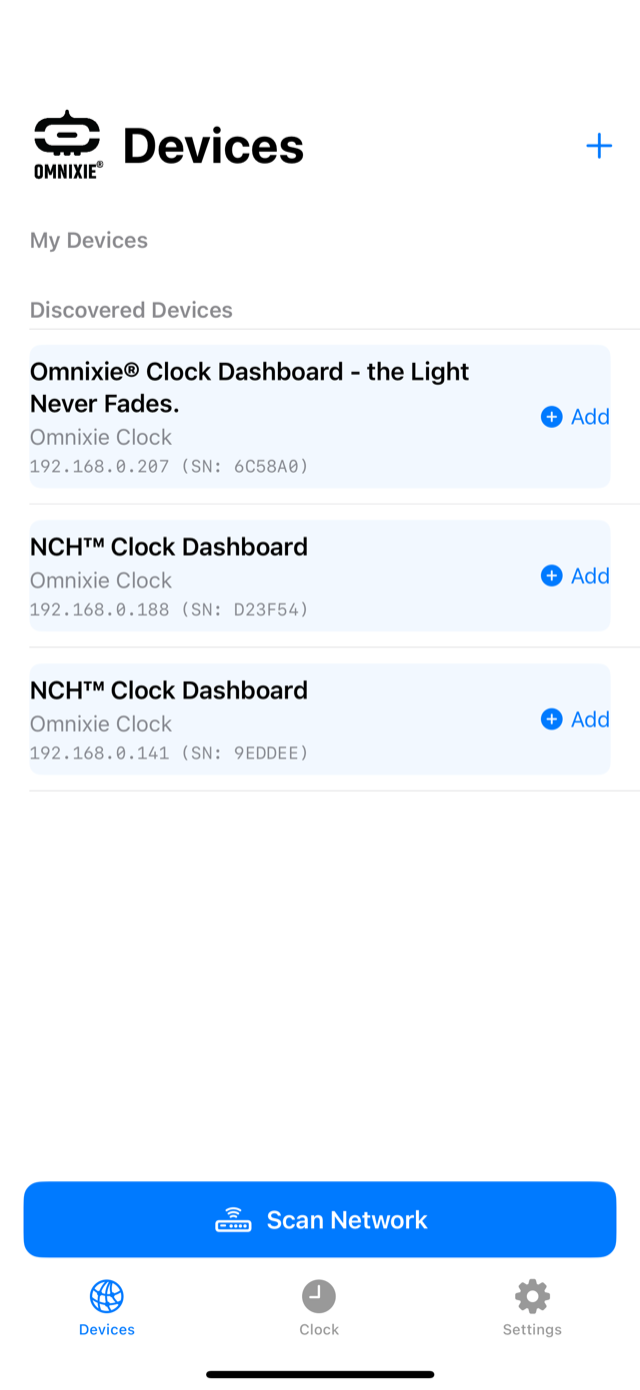 Omnixie Companion discovering clocks on the network