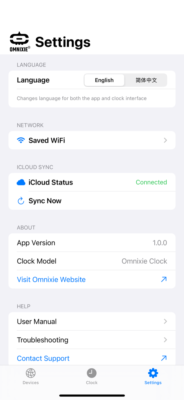 Omnixie Companion settings with iCloud sync and language options